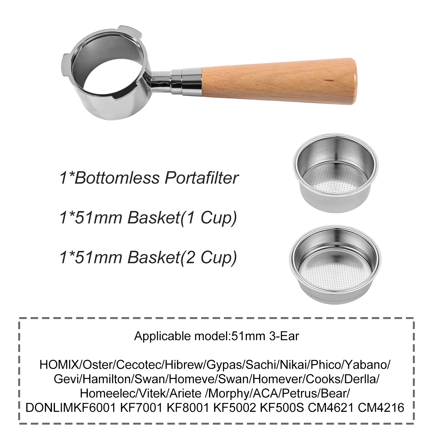 Kaffee-Siebträger ohne Boden, 51 mm, für Homix H11 Oster Cecotec Hibrew 1 2Cup, Ersatzfilterkorb, Espresso-Maschinen-Zubehör
