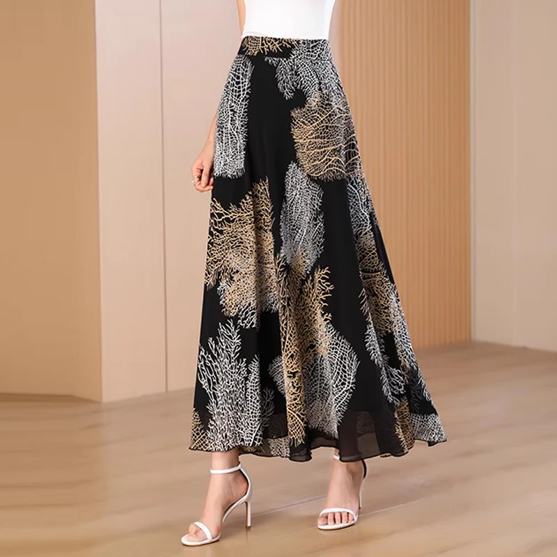 2025 Summer Women's plus size Black White Leaf Patterns print Chiffon Women's Long Ladies Skirt elegant female Maxi skirts women