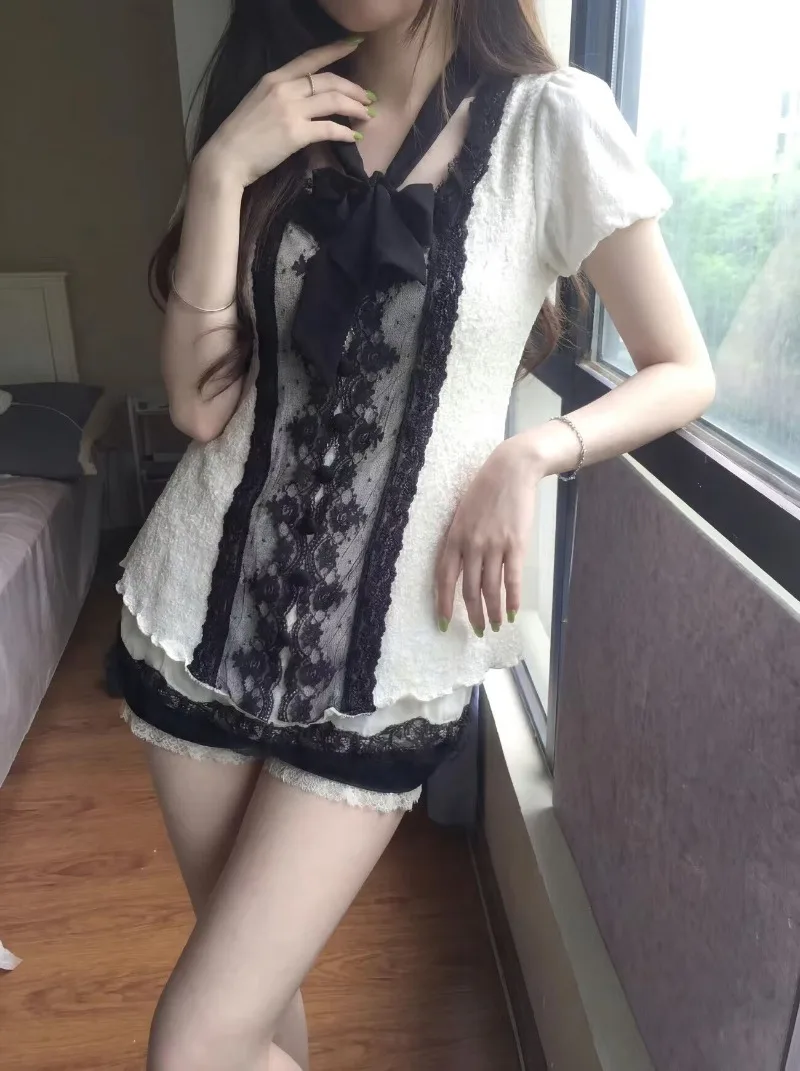 Japanese Style Summer Aesthetic Sweet 2 Piece Sets Women Black White Contrast Lace T-shirt Bow Y2K Top Lace Shorts Kawaii Outfit view 4
