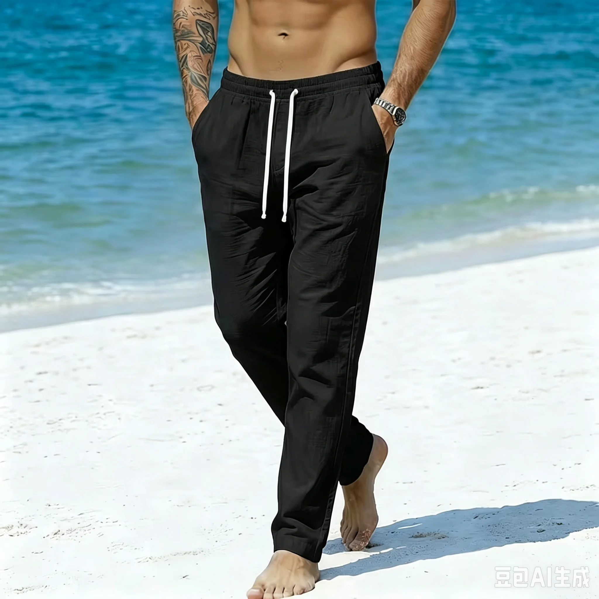 Heißer Verkauf: Herren-Leinenhose, einfarbig, atmungsaktiv, leicht, im Strandstil, für den Urlaub, gemütliche lange Hose mit elastischem Bund. – Detail 6