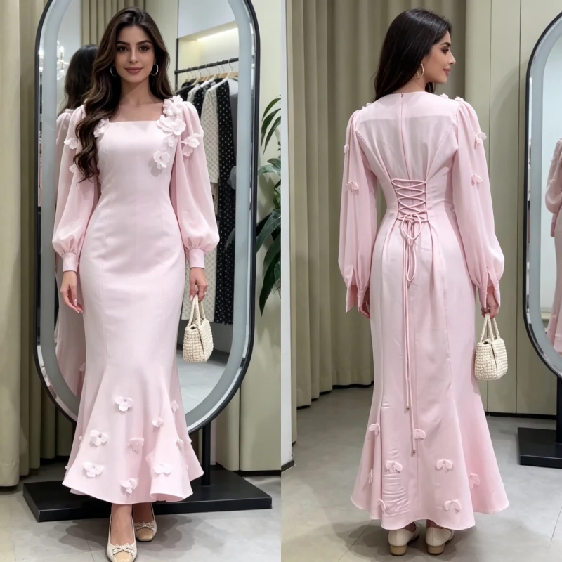 Muslim Women Mermaid Long Dress Slim Fit  A Line Vestidos Square Neck Lantern Sleeve Hip Wrap Splice Floral Evening Y2k 2026