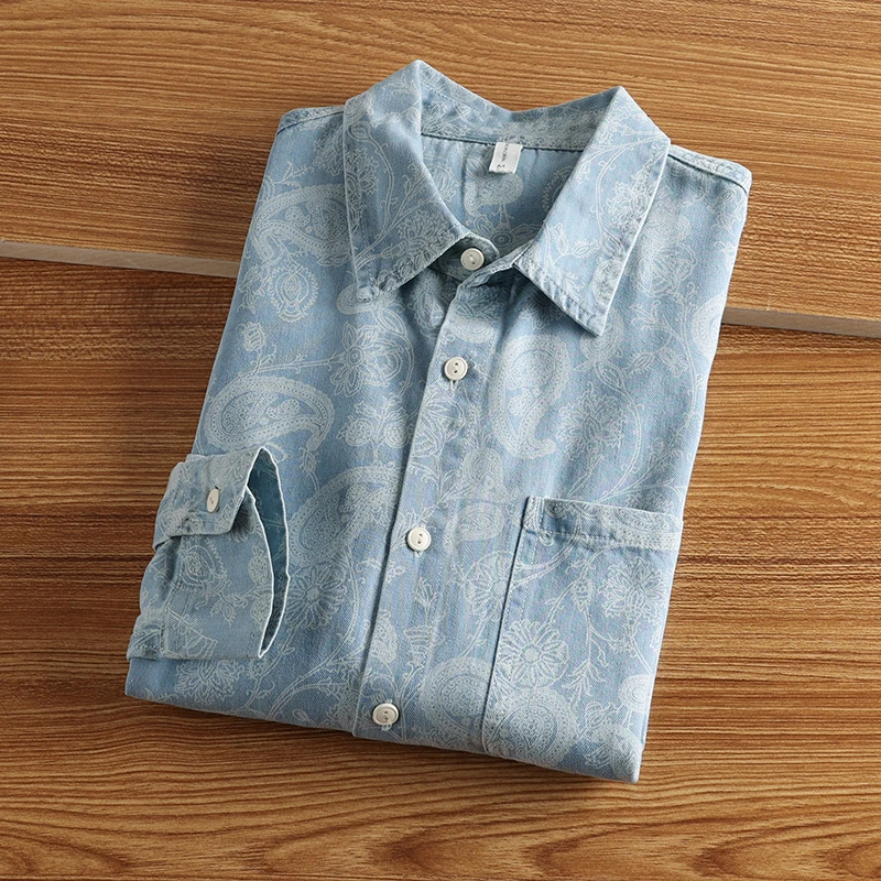 

Модная хлопковая повседневная рубашка с длинным рукавом и джинсовым принтом в стиле ретро, мужская, весенне-осенняя, новая, дышащая, свободного кроя, модная городская одежда