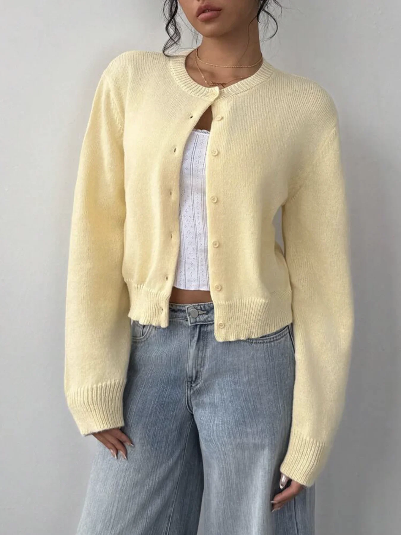 

Autumn and winter new simple plain color long sleeved cardigan knitted sweater