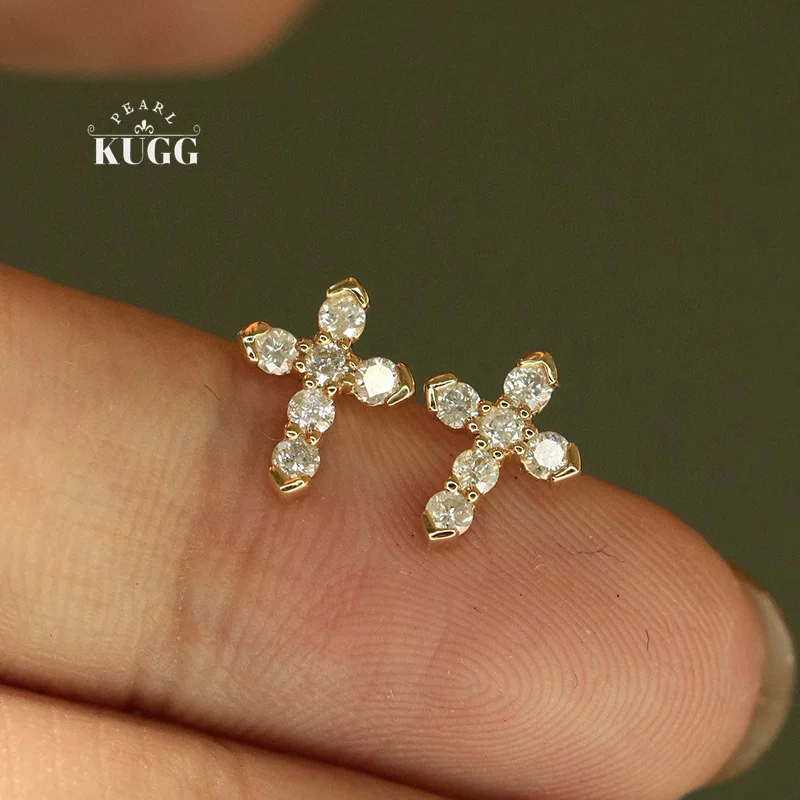 

KUGG 100% 18K White/Yellow Gold Earrings Women Shiny Cross Shape 0.30carat Real Natural Diamond Stud Earrings Fine Jewelry