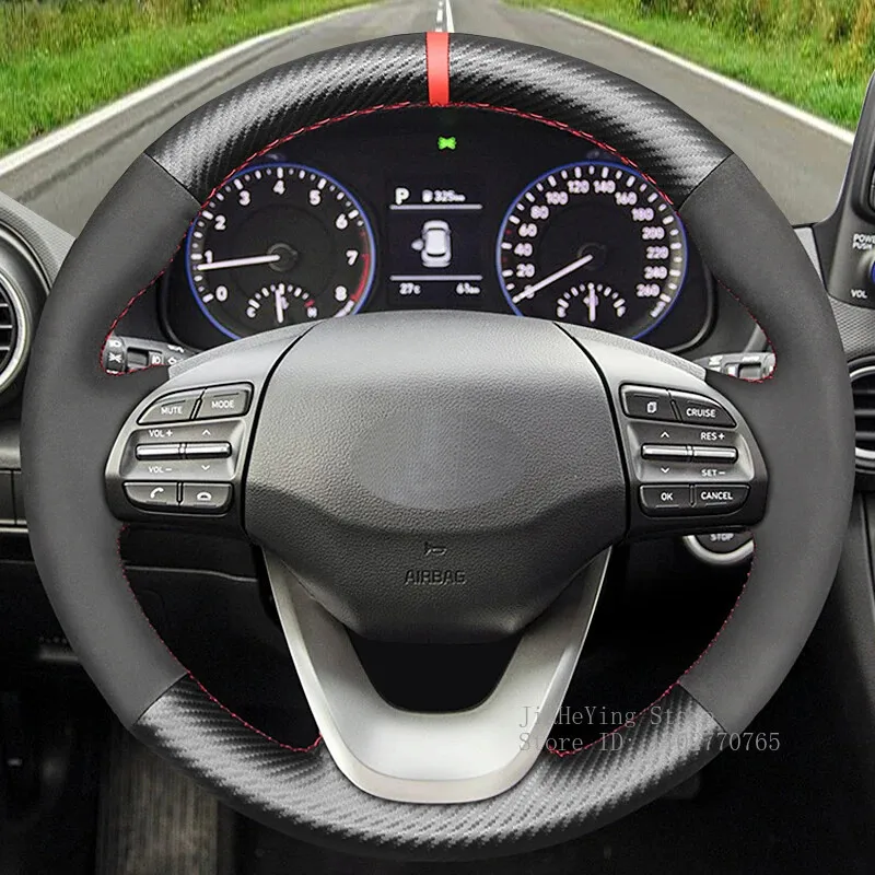 Hand-stitched Anti-slip Carbon Fiber Suede Hand-stitched Steering Wheel Cover For Hyundai Kona 2017-2019 Interior Accessories