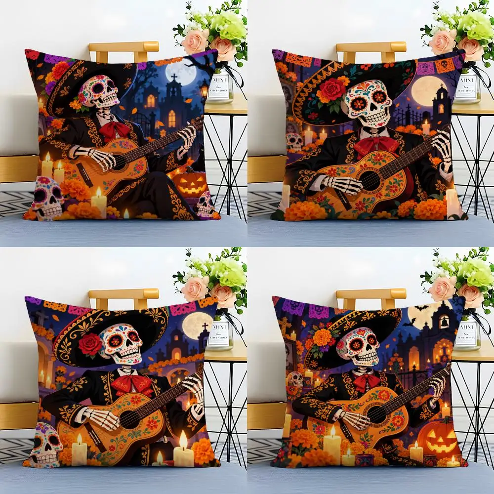 H-Halloween Dia de los Muertos Skeleton Cushion Cover Linen Minimalist Soft  for Sofa Bed Home Room Decor