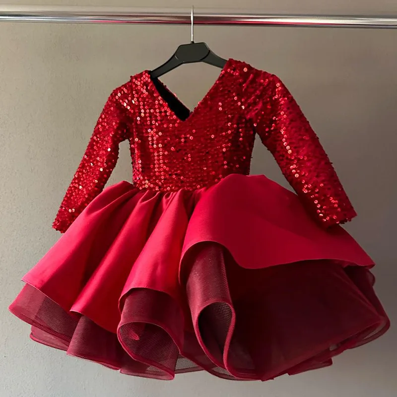 2024 Mädchen Leistungs kleid Weihnachten luxuriöse Baby kleider Kinder Mädchen Pailletten rotes Ballkleid Kinder elegante Party kleidung