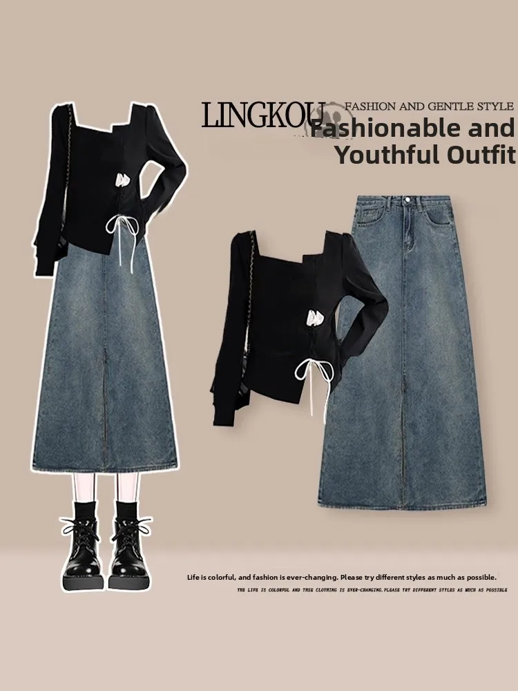 

Джинсовый комплект с юбкой и топом с высокой талией для женщин: модный осенний наряд с эффектом утягивания талии, повседневный стиль, комплект из двух предметов