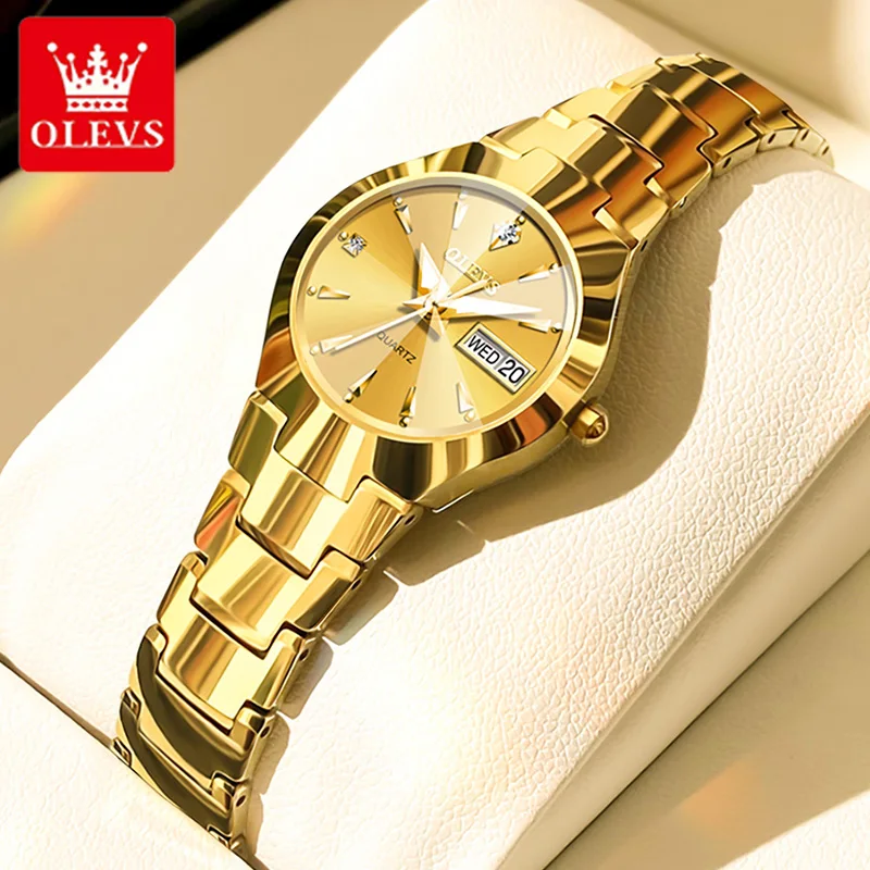 OLEVS Fashion Leisure Tungsten Steel Gold Women Watches Luminous Hands Waterproof Quartz Watch with Week Calendar Ladies Watch