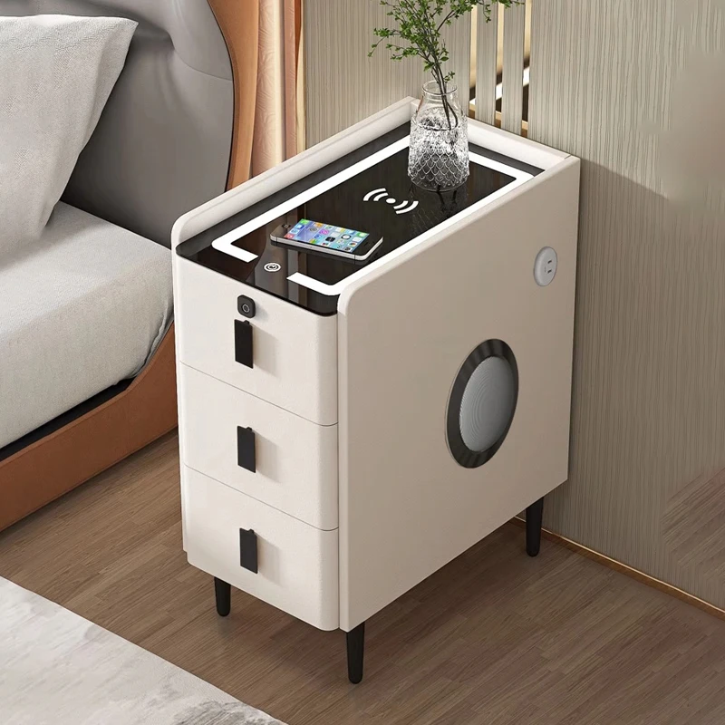 Narrow Smart Nightstands 3-Tier Solid Wood Bedside Cabinet Luxury Bedroom Storage Minimalist End Table with Charging Station