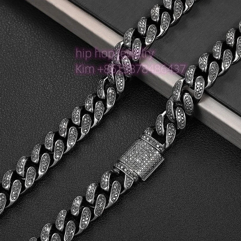 Hip Hop Jewelry Black Moissanite 12mm Miami Cuban Chain Round Cut Moissanite Diamond 925 Silver Cuban Chain Necklace