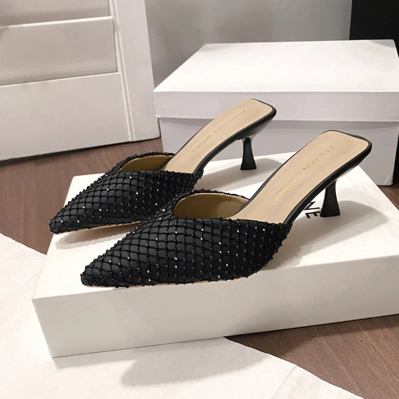 New Summer Stilettos Slippers Spring Pointed Toe Rhinestone Mesh Feet Non-slip Wear-resistant High Heels Women's Shoes Slides