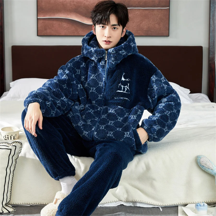 Letter Print Winter Warm Pajamas Set Men Hooded Coral Fleece Coat + Long Pants Homewear Men\'s Clothing 2 Piece Loungwear