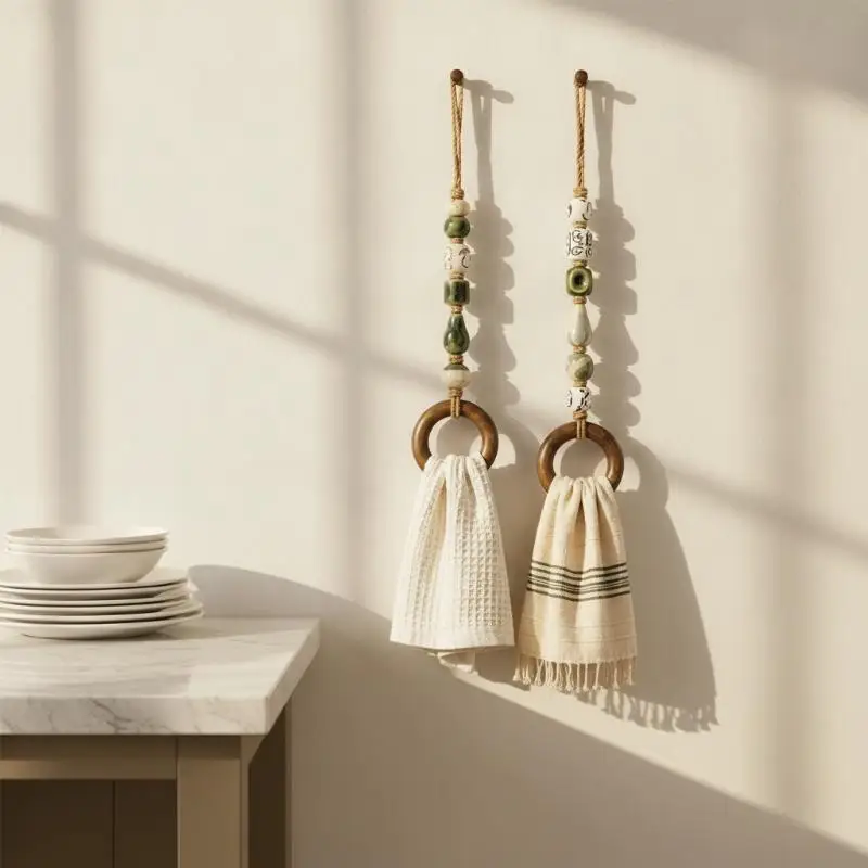 Decorative Beaded Towel Hanger Wooden Ring Practical Portable Holder For Bathroom Kitchen Home Supplies