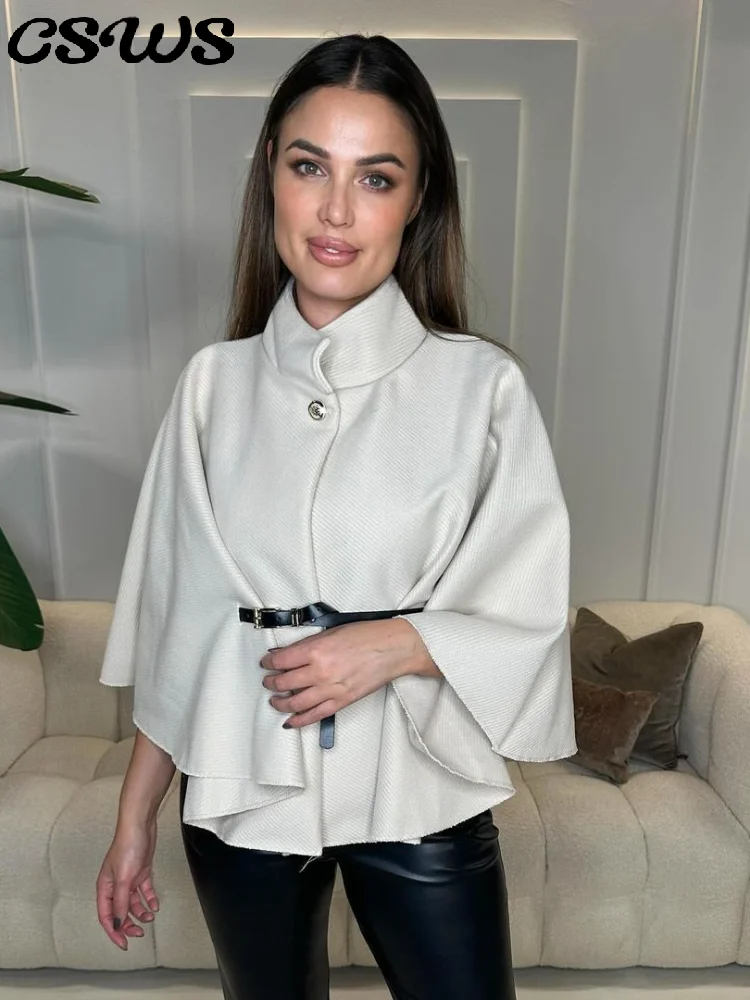 

Elegant Cape Coat with Belt Women Loose Solid Stand Collar Button Long Sleeve Lady Cloak 2025 Autumn Fashion Lady Coats