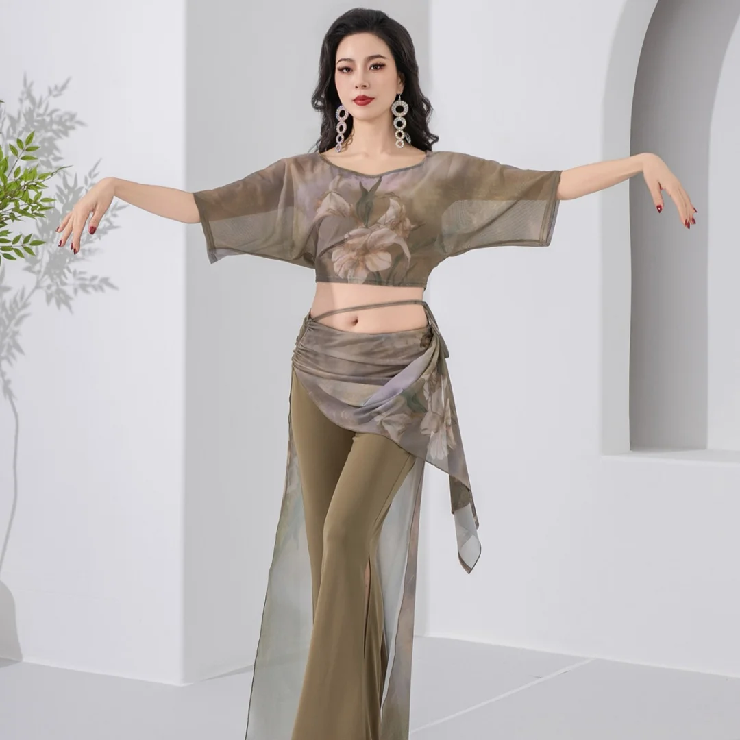 

Костюм для выступлений по танцу живота, высококачественный комплект из топа и брюк с принтом, профессиональный комплект для занятий восточными танцами для взрослых женщин.