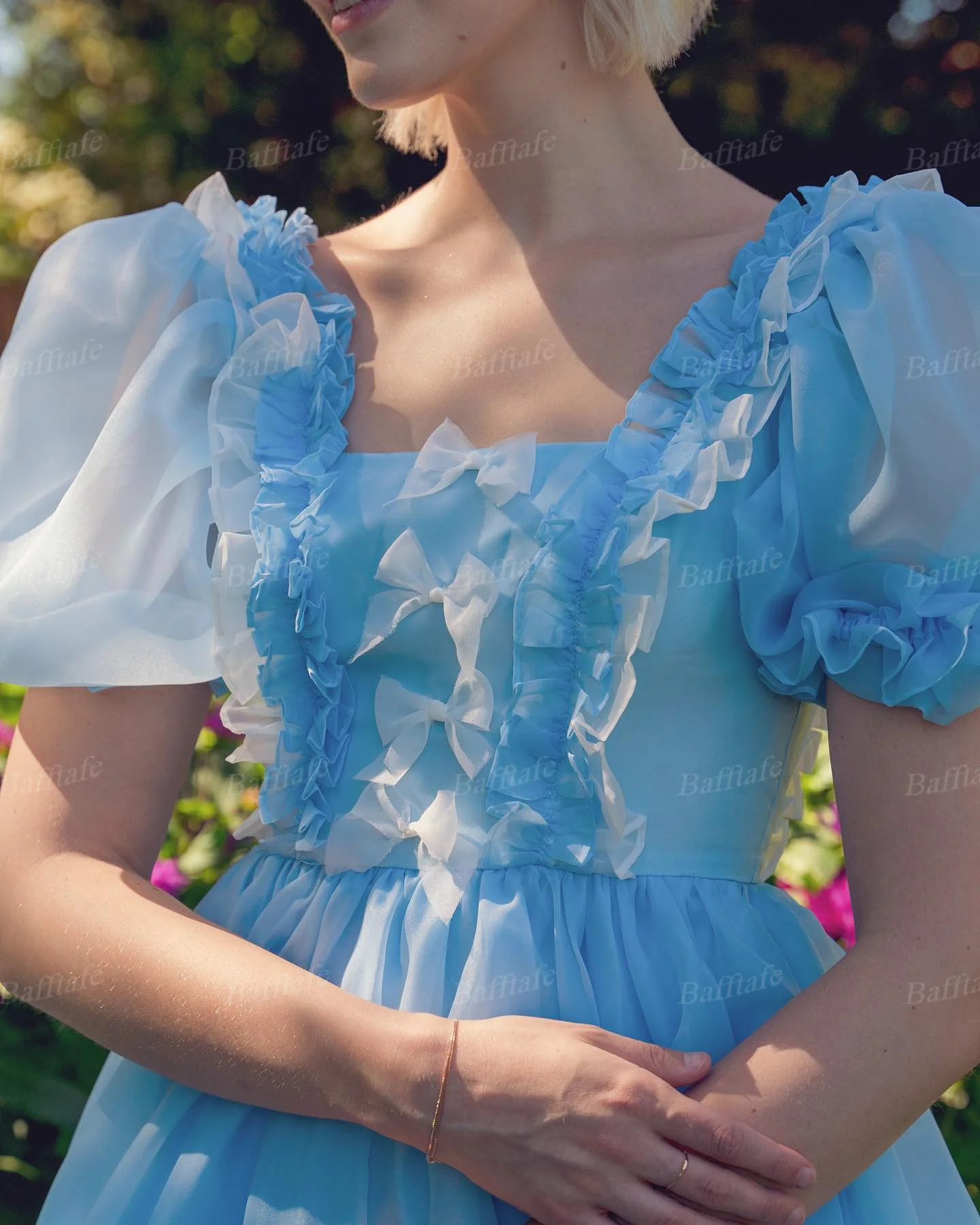 Vestidos de fiesta de graduación de manga corta de Organza azul de hadas bolsillos personalizados lazo de marfil flores plisadas vestido de fiesta para mujer vestidos de noche