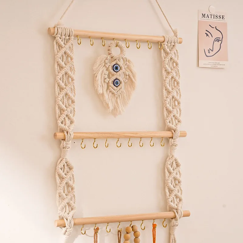 1 قطعة الحبل القطن البوهيمي المنسوجة يدويا عقال حامل إكسسوارات الشعر المنظم الجدار الشنق ديكور المنزل نسيج القطن اليدوية #4