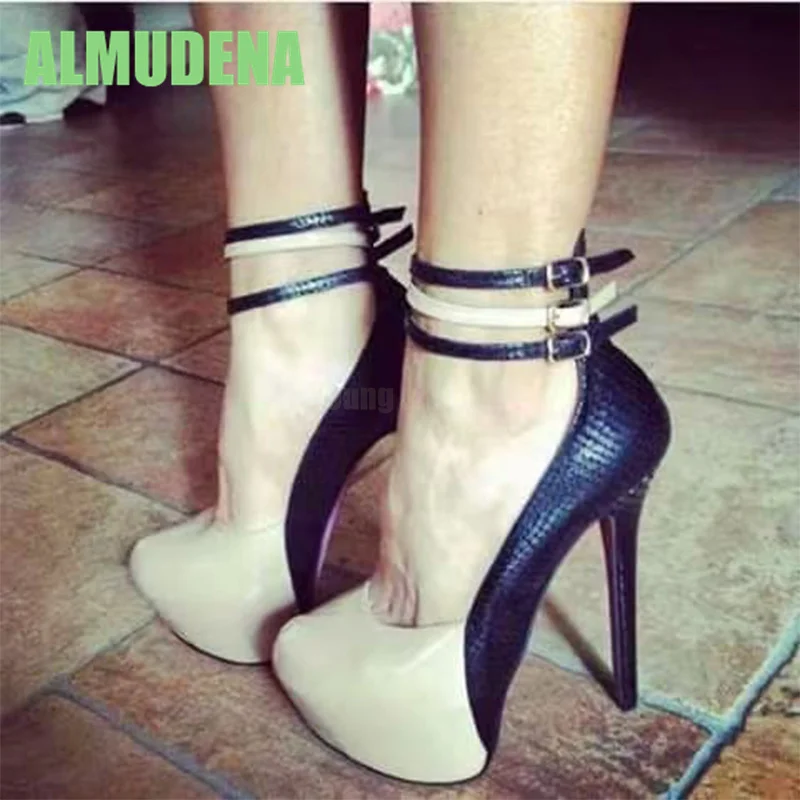 

Multi Buckle Waterproof Platform Pump Fashionable Round Toe Shallow Mouth Color Blocked Simple Temperament Slim High Heels