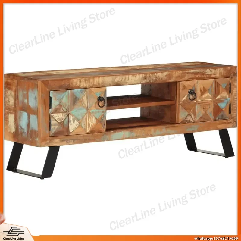 Solid Recycled Wood TV Stand Cabinet with Multicolor Finish Medium Size Living Room Storage Unit Country Style Entertainment
