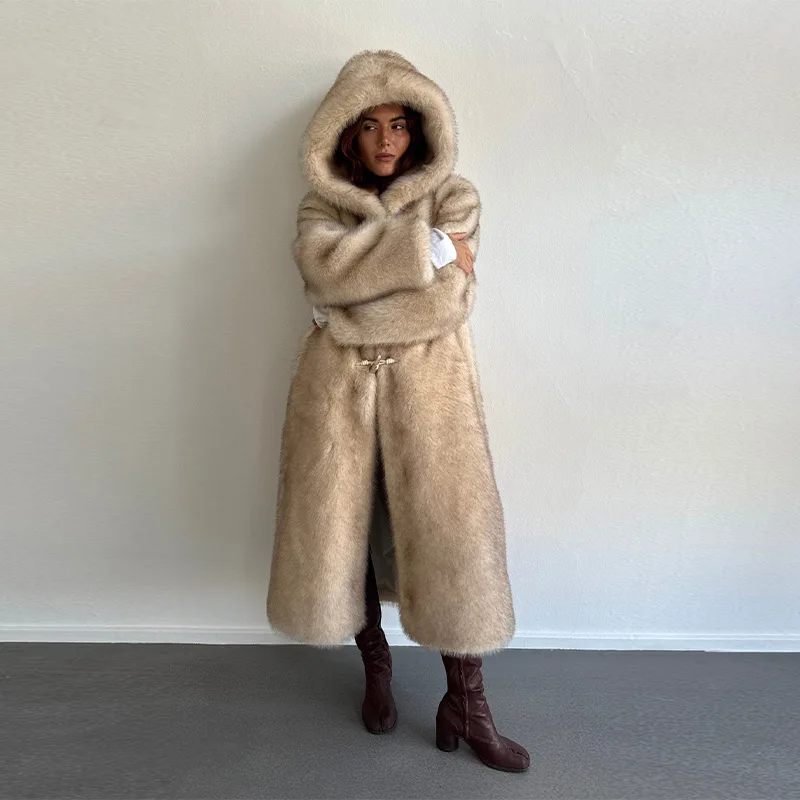 

Female Fashion Faux Fur Hooded Long Coat Winter Long Sleeve Single Row Cow Horn Buckle Robe Chic Solid Color Warm Thick Overcoat