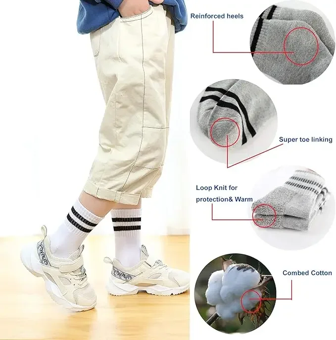 100% Cotton Athletic Ankle Socks for Boys & Girls Terry-Loop Cushion Warm Socks Combed Cotton for Autumn Winter Children's Footw
