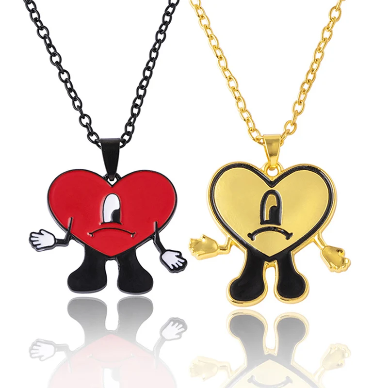 Enamel Red Sad Heart Pendant Necklaces Hip Hop Rapper Bad Bunny Un Verano Sin Ti Necklace