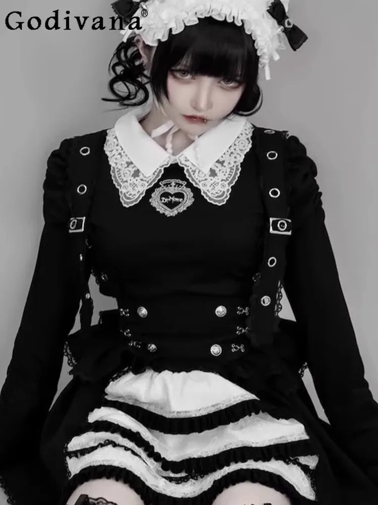 

Harajuku Gothic Long Sleeve Top Japanese Mine Sweet Cool Turndown Collar Embroidered Letter Printed Flare Sleeve Shirt Blouses