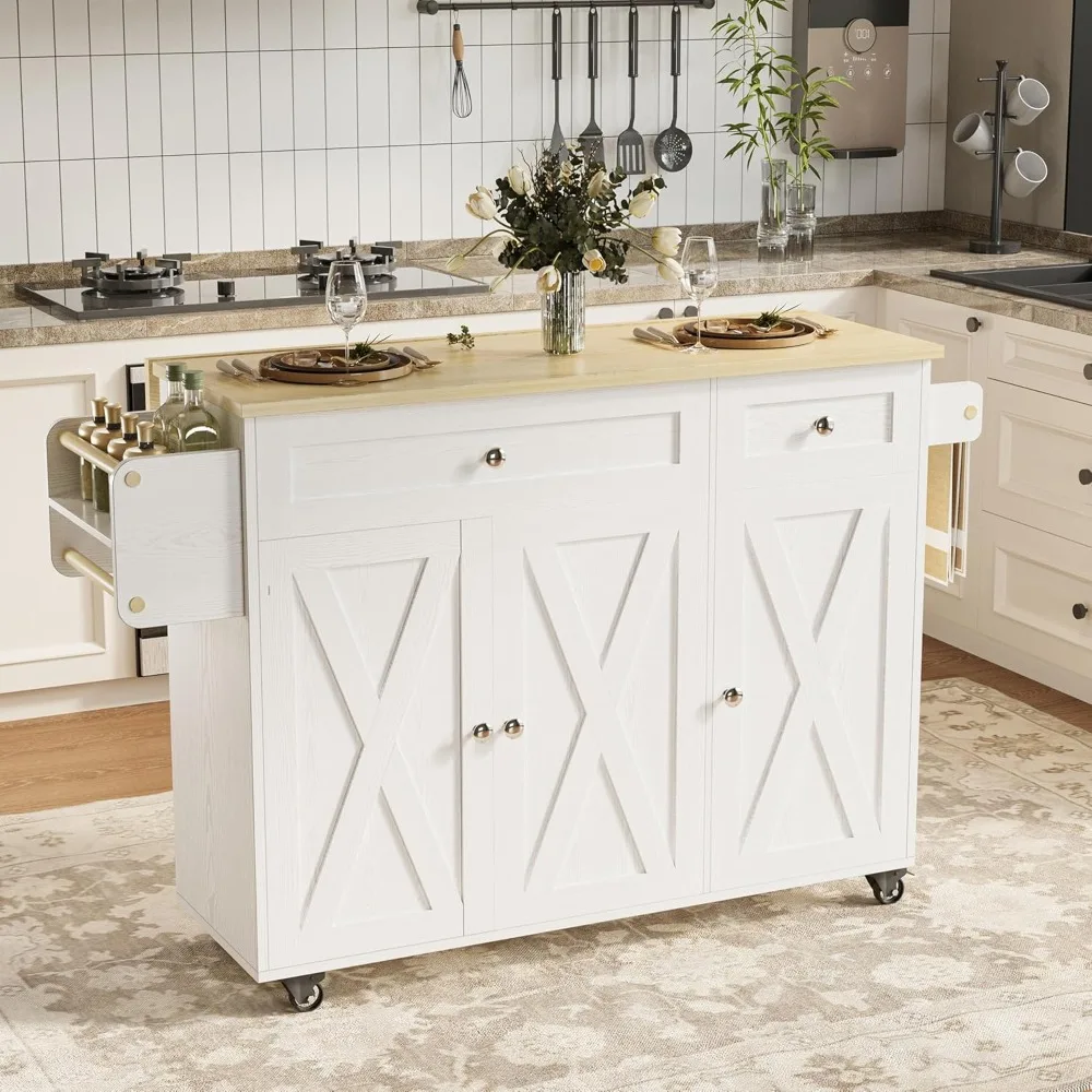 

56" Rolling Kitchen Island Table on Wheels with Drop Leaf, Kitchen Island with Drawers