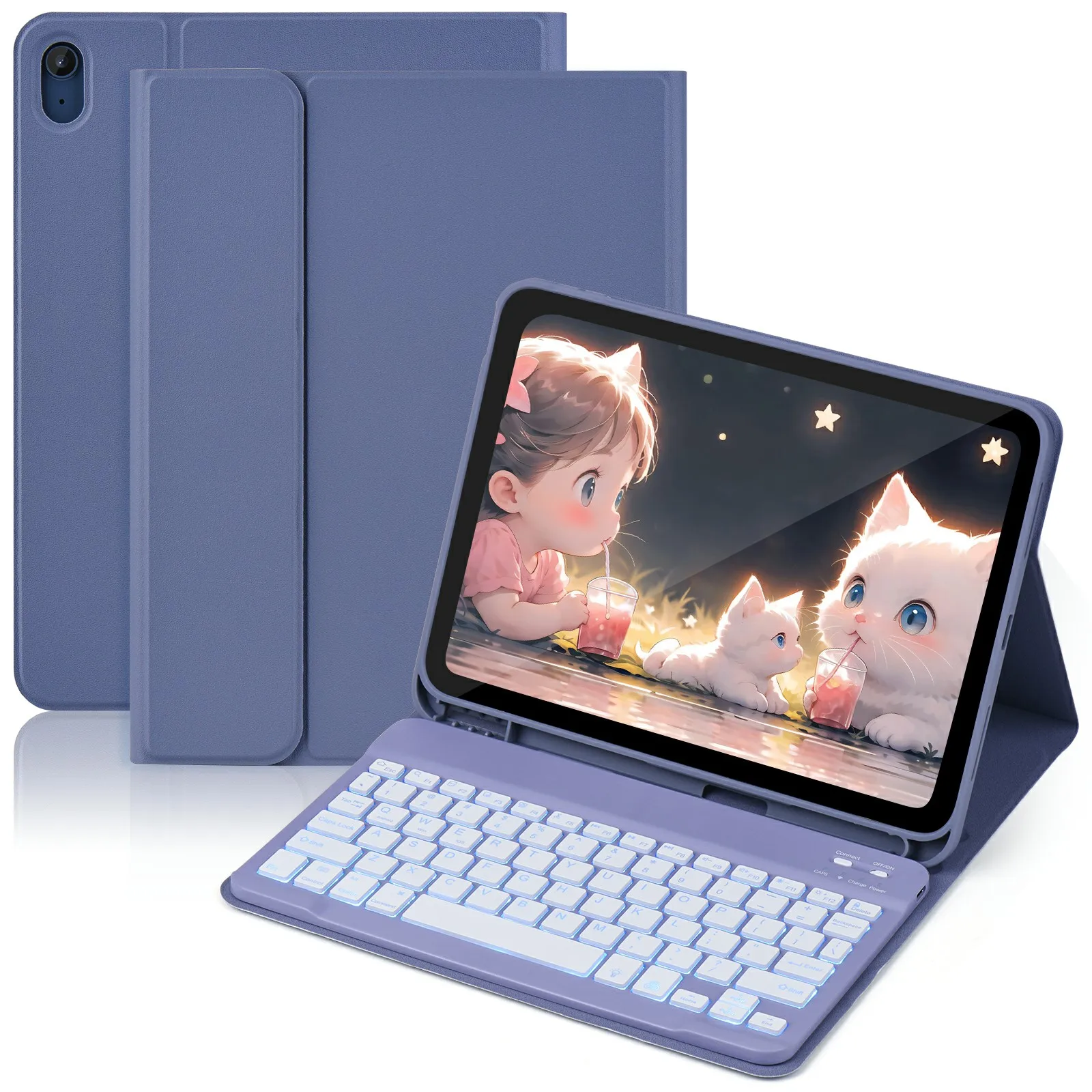 SK-1099D For iPad (2025) / 10.9 (2022) Tablet Case Leather Cover with BT Keyboard - Grey Blue