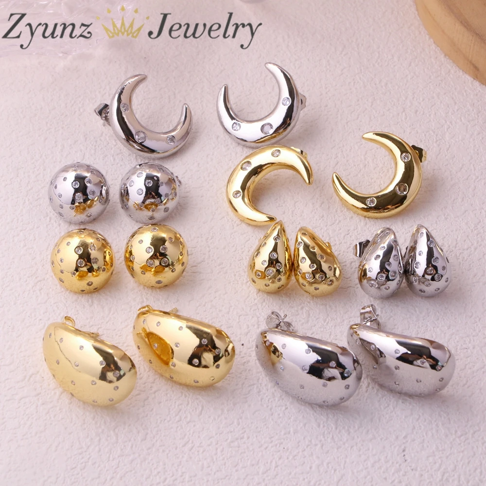 

5 Pairs, Gold Silver Color Zircon Round Drop Geometric Stud Earrings For Women Piercing Ear Jewelry Accessories Wedding