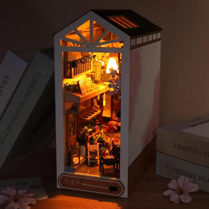 Japanese Style Book Corner Book Stand DIY Miniature Room Puzzle House Model Kits With LED Lights For Home Bookshelf Decor