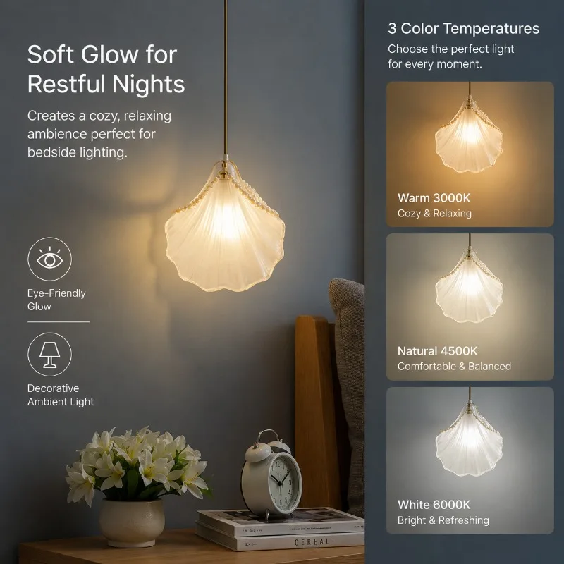 Modern Shell Glass Single Head Warm Three Color Light for Bedroom Bedside Dining Bar Balcony Decorative Hanging Pendant Light