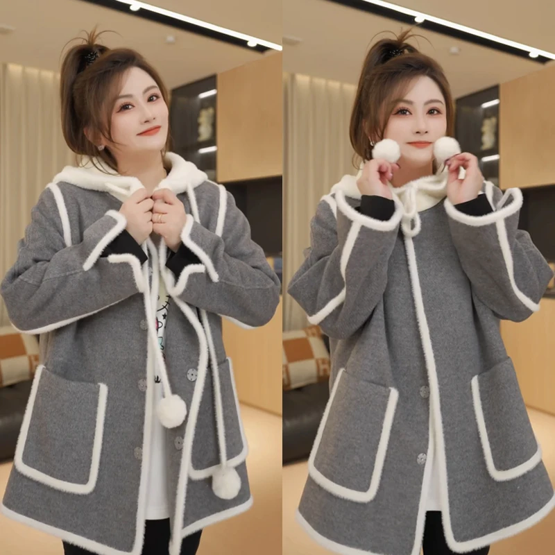 

Пальто из утолщенной шерсти FangJiaJia Cheese Milk Cake Faion Color Blo с капюшоном, длинными рукавами, стандартной длины, на пуговицах