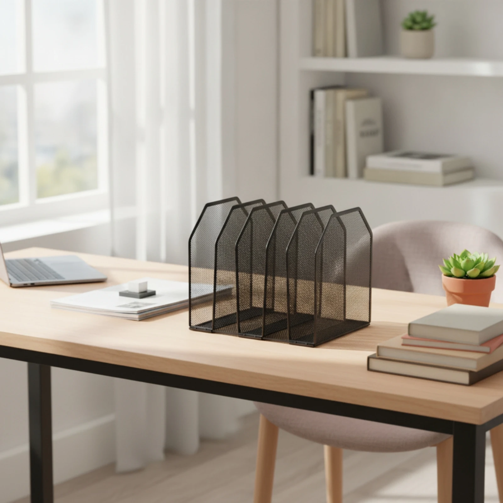 Upright Mesh Desktop Organizer Detachable Desktop File Organizer with 5 Sections File Holder with Five Slots Space-Saving