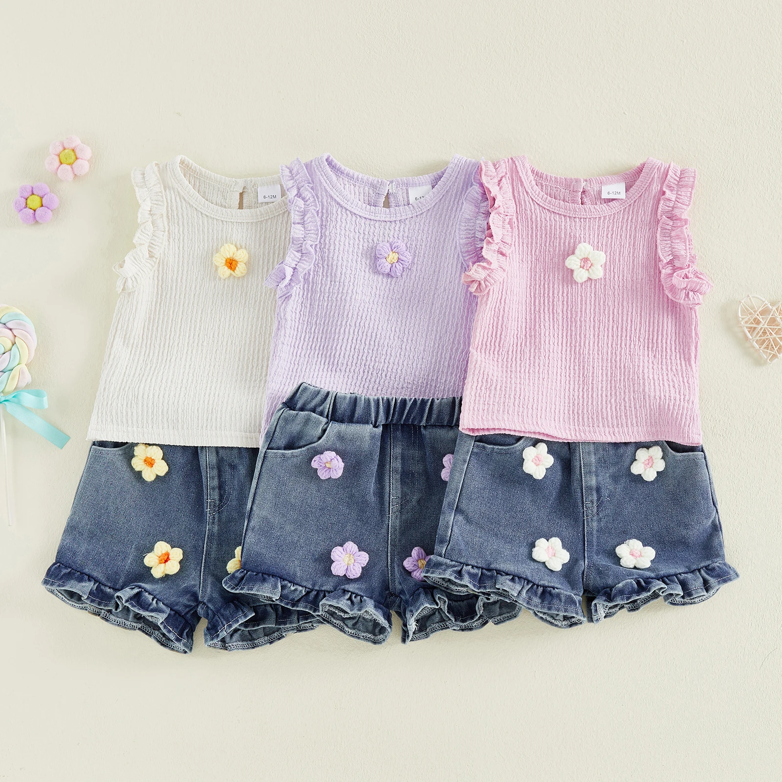 

0-4Y Little Girls 2 Piece Outfits Adorable Flower Applique Sleeveless Round Neck Vest Tops Denim Shorts Girls Set