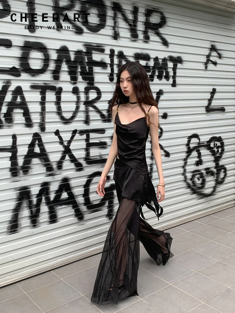 CHEERART Summer Black See Through Mesh Flare Pants Sets High Fashion Trousers Wide Leg Pants Women Streetwear Clothing