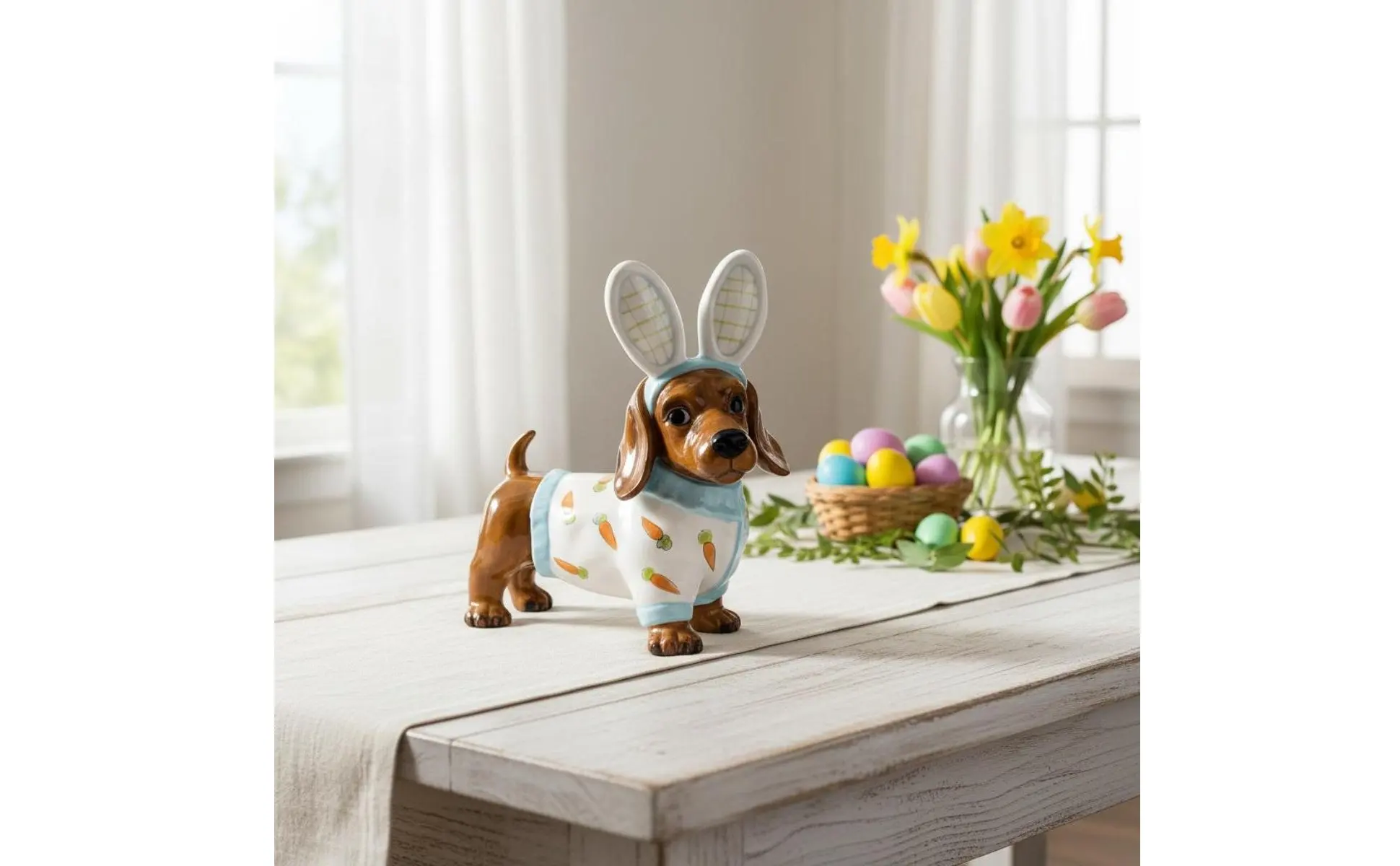 Dachshund Hare Statue Holiday Themed Dog in Hare Costume Statue Resin Wiener Dog Sculpture Lasting Color House Decoration