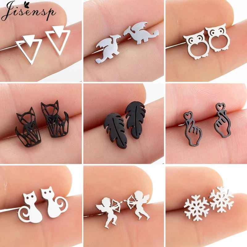 Punk Black Stainless Steel Stud Earrings for Women Men Multiple Fashion Owl Leaf Earings Deathly Ear Studs Hallowmas Pendientes