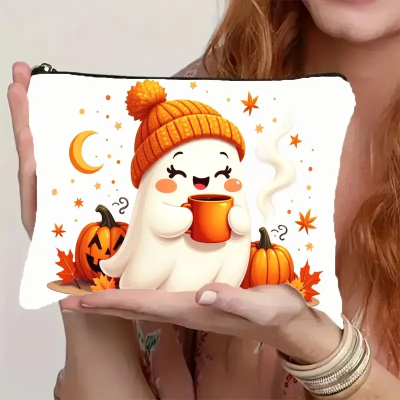 2D Flat, Adorable Halloween Print Cosmetic Makeup Bag with Zipper Closure  Lightweight & Portable Toiletry Organizer Storage Bag