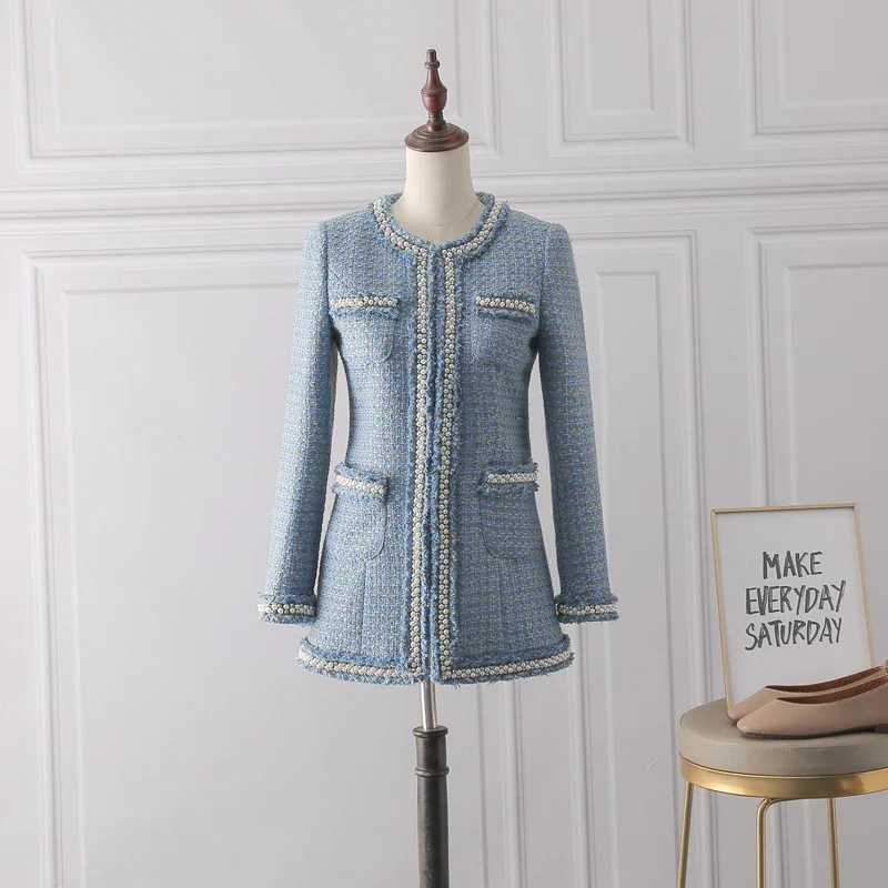 جديد تويد صغير الحلو الرياح الصغيرة مسمار حبة معطف قصير أزرق أنيق نمط فستان من الضباب يمكن تخصيص حجم #3
