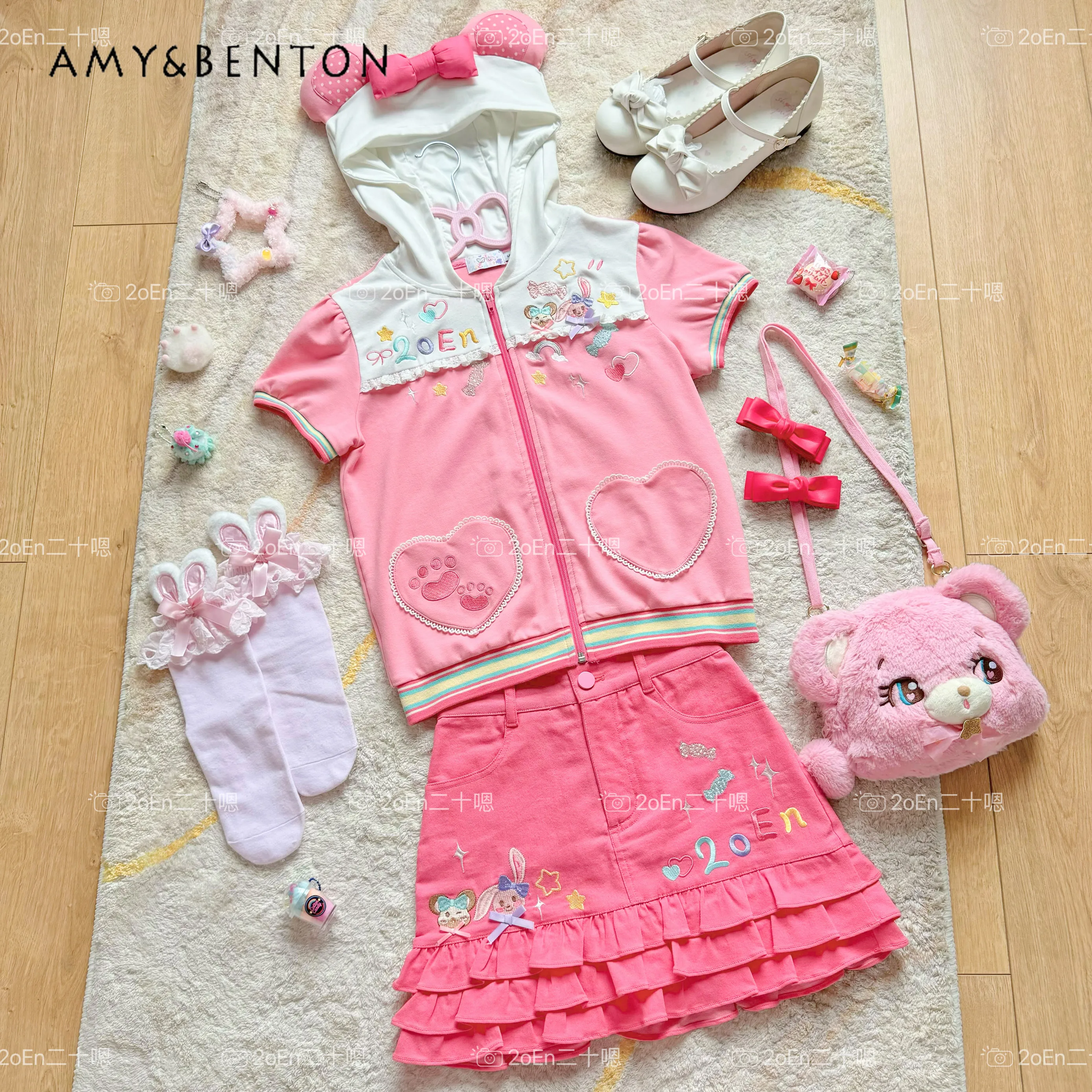 Kawaii Cartoon Embroidered Bow Hooded Short-sleeved Top Multi-layer Mini Skirt Two-piece Set Summer Y2K Dopamine Girl Skirt Sets