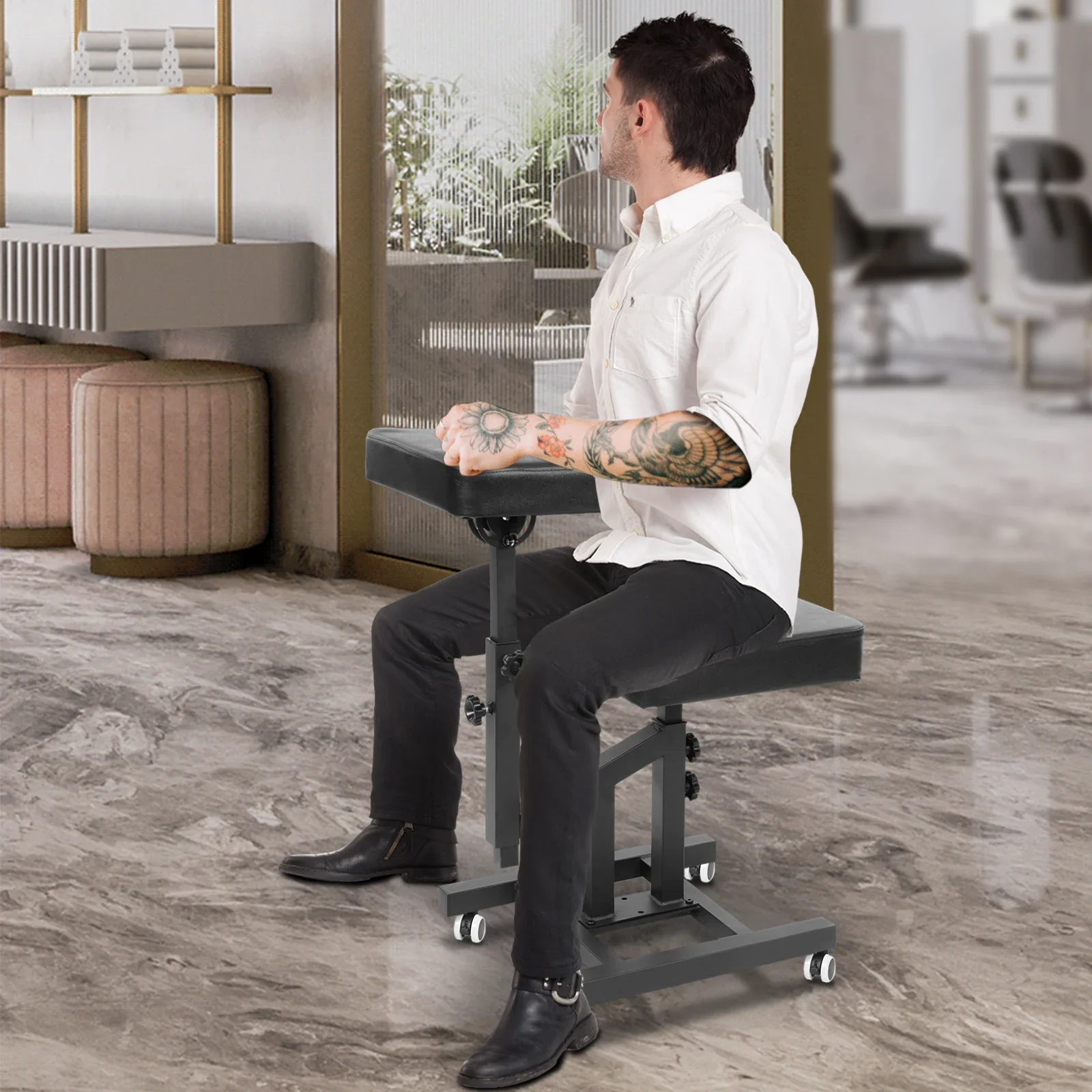 كرسي حلاق وشم هيدروليكي قابل للتعديل مع عجلات و180 ° مسند ظهر مستلق، كرسي صالون بسعة 220 رطل لقص الشعر والتدليك #4