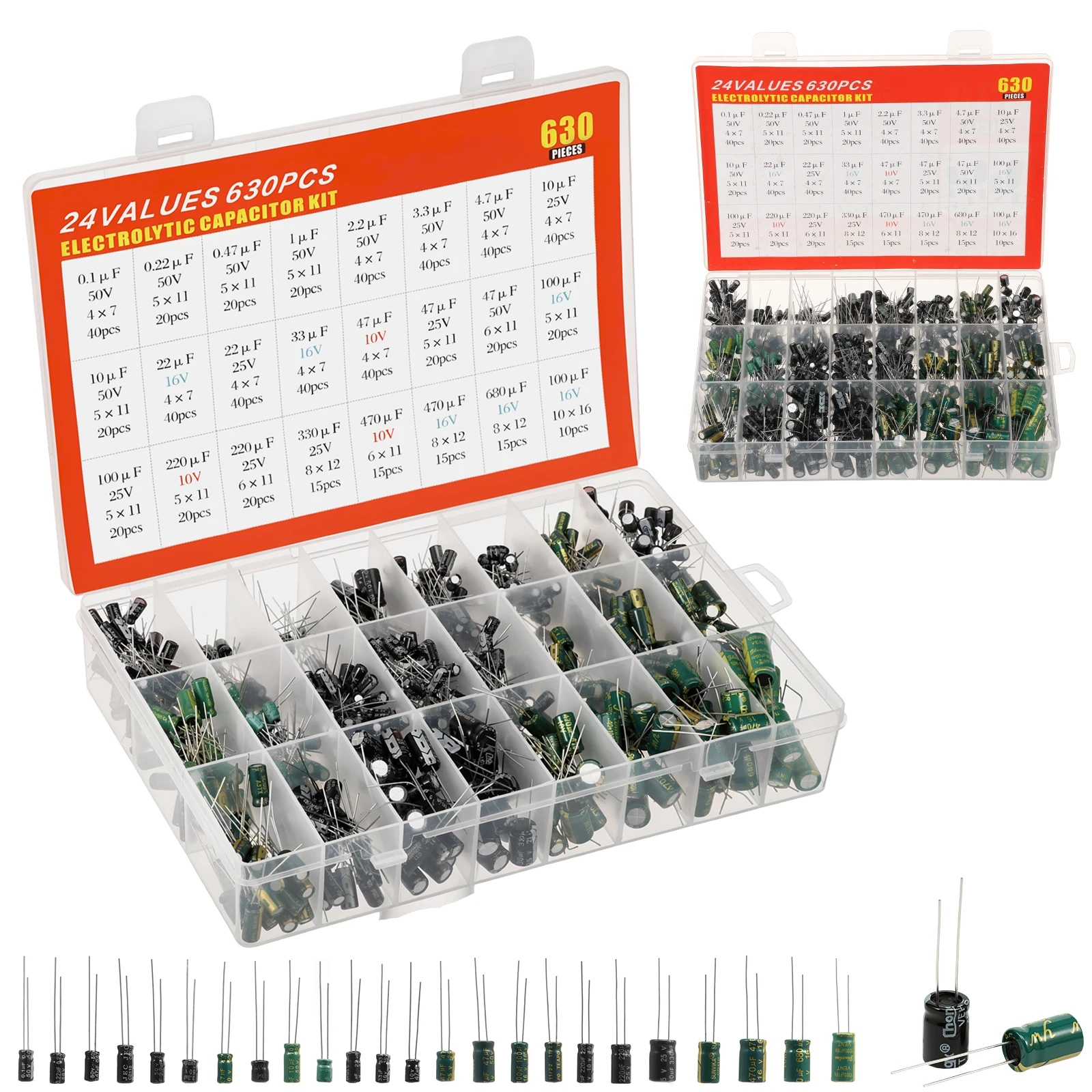 1260 Pcs Electrolytic Capacitor Assortment Kit In 24 Values Low Leakage Capacitor Assortment Kit for Electronic Device Repair