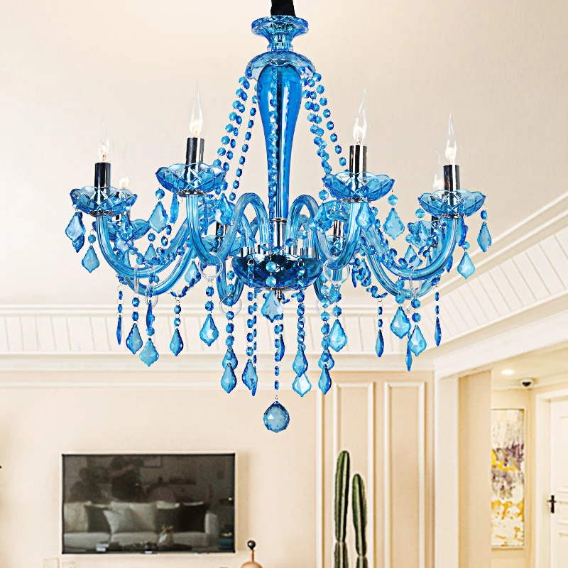 European Bedroom Mediterranean Blue Crystal Chandelier Height 60Cm E27 Apartment Living Room Clothing Store Led Pendent Lamp