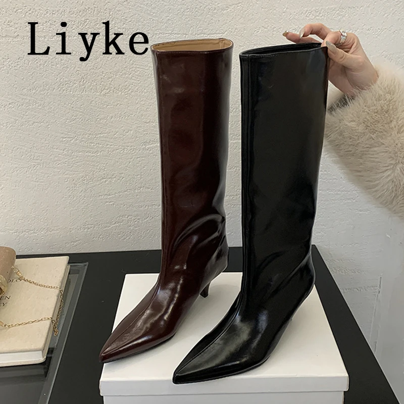 Liyke Winter Street Style Cosy Pointed Toe Woman Knee-High Boots Slip-On Low Thin Heels Shoes Female Long Booties Zapatos Mujer