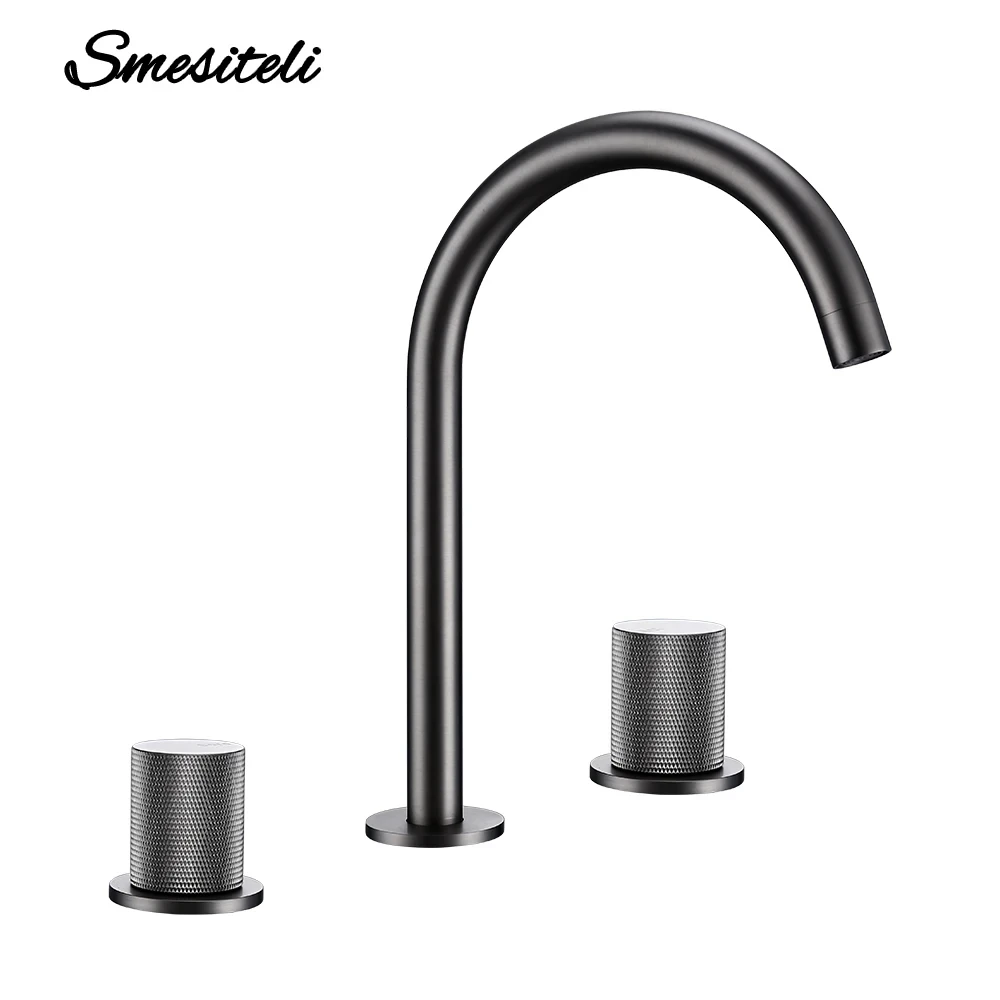 Torneira de Bacia de Metal Quente e Fria Alças Serrilhadas Torneira de Pia Instalada Misturador Montado em Deck Peças de Torneira de Banheiro de Latão