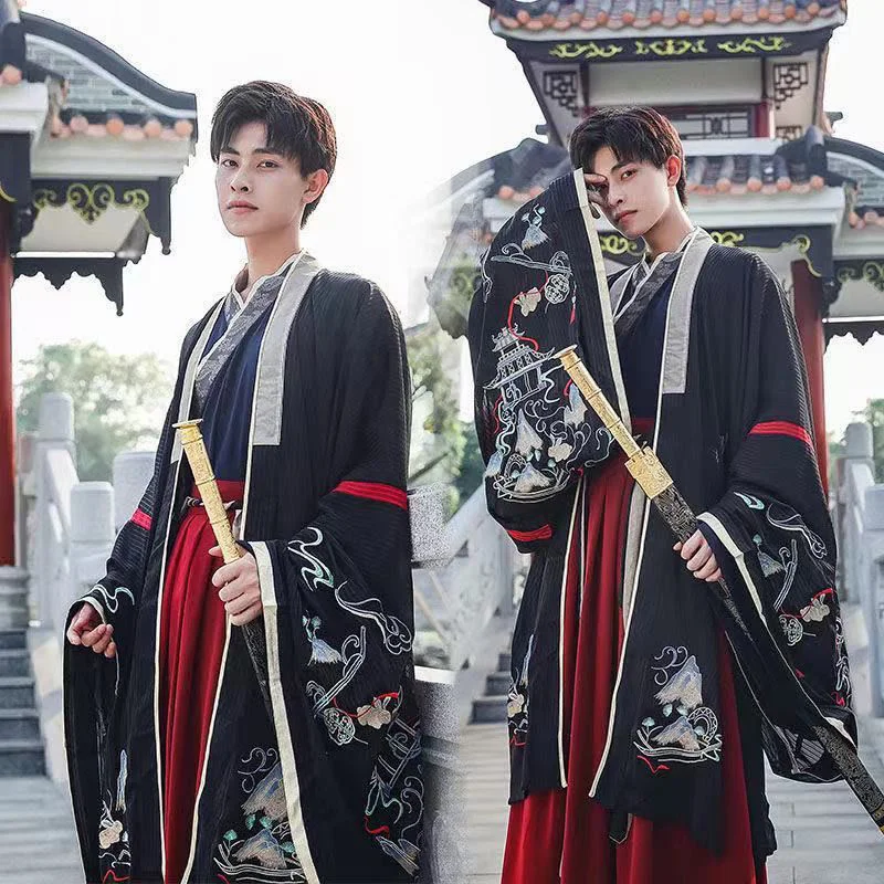 Disfraz tradicional chino Hanfu para hombre, de estilo antiguo dragón negro bordado de, actuación de escenario de la dinastía Winjin, elemento Han, Cosplay