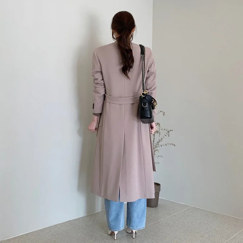 Herbst Vintage V-ausschnitt Einzigen Taste Lose Große Tasche Mid-Länge Frauen Blazer Grau Casual Lose Langarm Anzug Jacke mantel