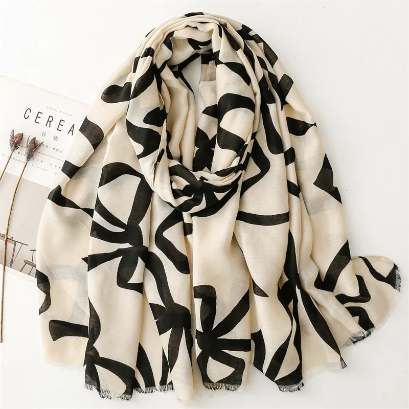 2024 New Cotton Big Bow Print Fringe Scarf Shawls Long Women Cute Bowknot Pattern Scarves Hijab Wrap 5 Color Wholesale 10pcs/LOT